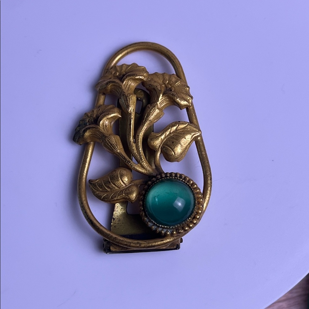 Vintage Gold Floral Fur Clip with Green Cabochon